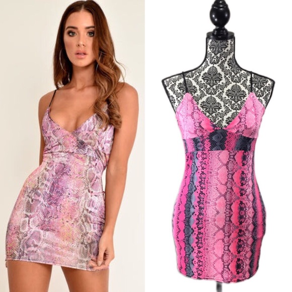 I-X London Snake Print Strappy Plunge Bodycon Nighty Slip Dress Pink - Picture 2 of 15